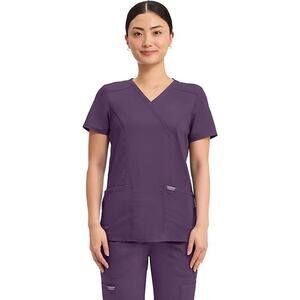 Cherokee Scrubs Top for Women Mock Wrap, 3 Pockets, Eggplant Purple, WW610, XL